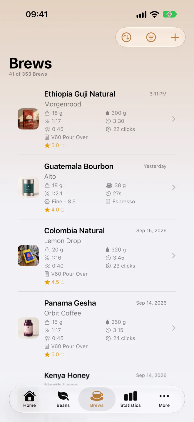 Beanstats brew history showing coffee beans, dose, yield, brew time, grind settings, and ratings.